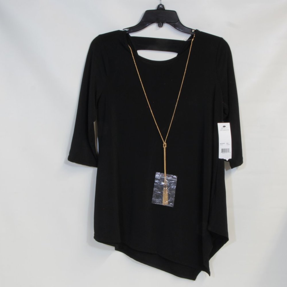 NY Collection Woman's Black Asymmetrical 3/4 Sleeve Blouse With Chain Size Small